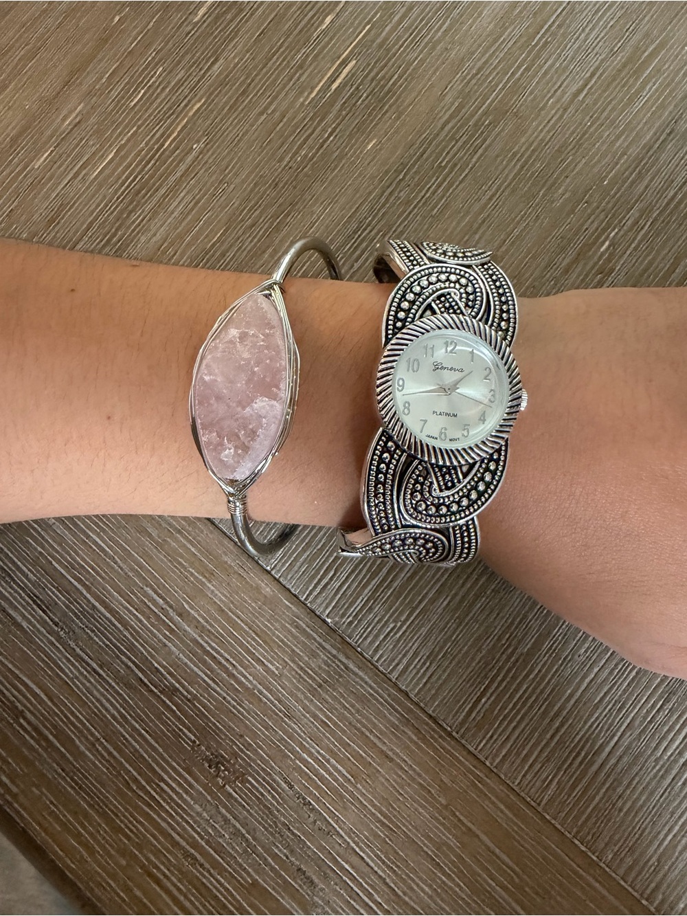 Silver Marcasite Filigree Watch with Pink Stone Cuff Bracelet